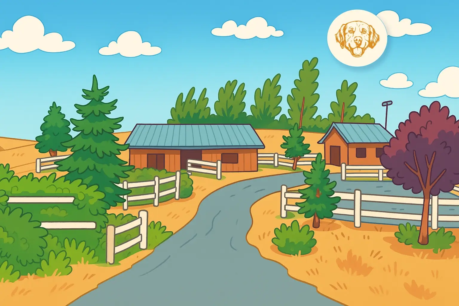 cartoon illustration of a dog daycare facility in petaluma with barns, fencing, trees, and a smiling golden retriever logo in the sky